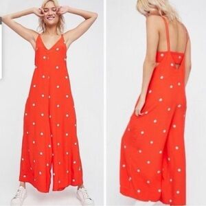 Free People Dream Big Polka Dot Wide-Leg Jumpsuit in Bright Orange